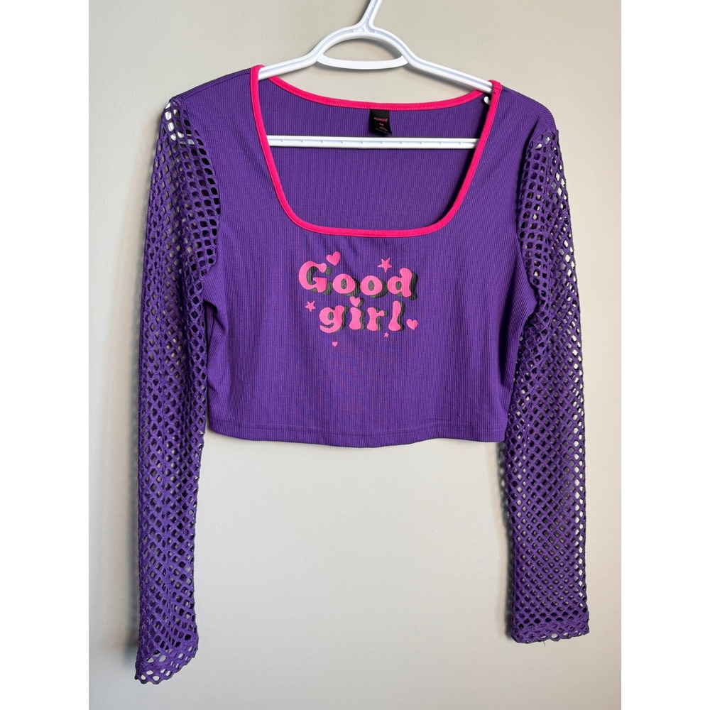 Romwe‎ Good Girl Graphic Mesh Sleeve Ribbed Crop Top Purple M Y2K Grunge Alt